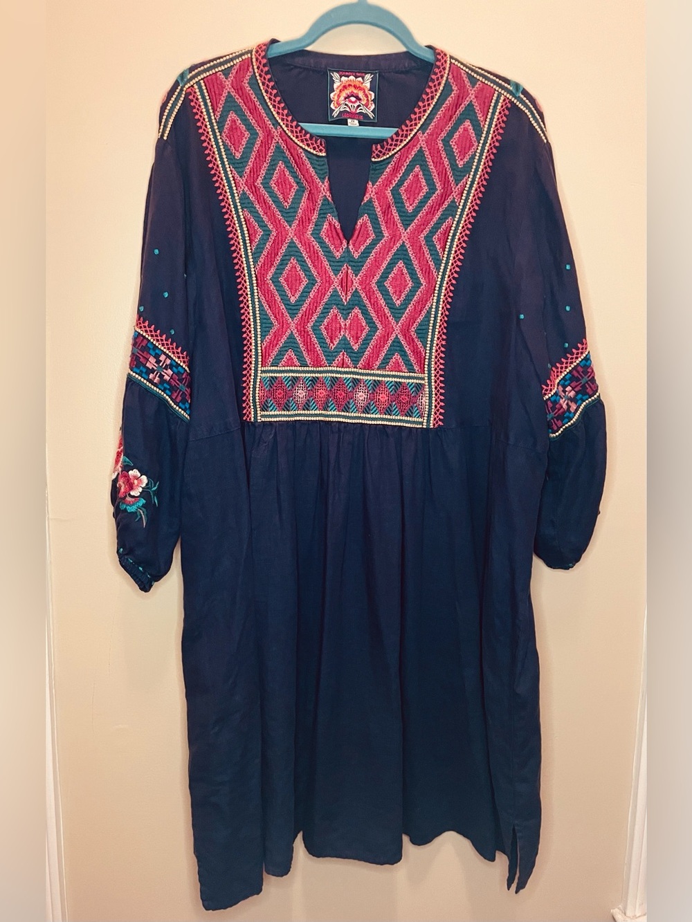 Johnny Was Annaliese Navy Linen Embroidered Peasant Dress Tunic Plus Size 2X